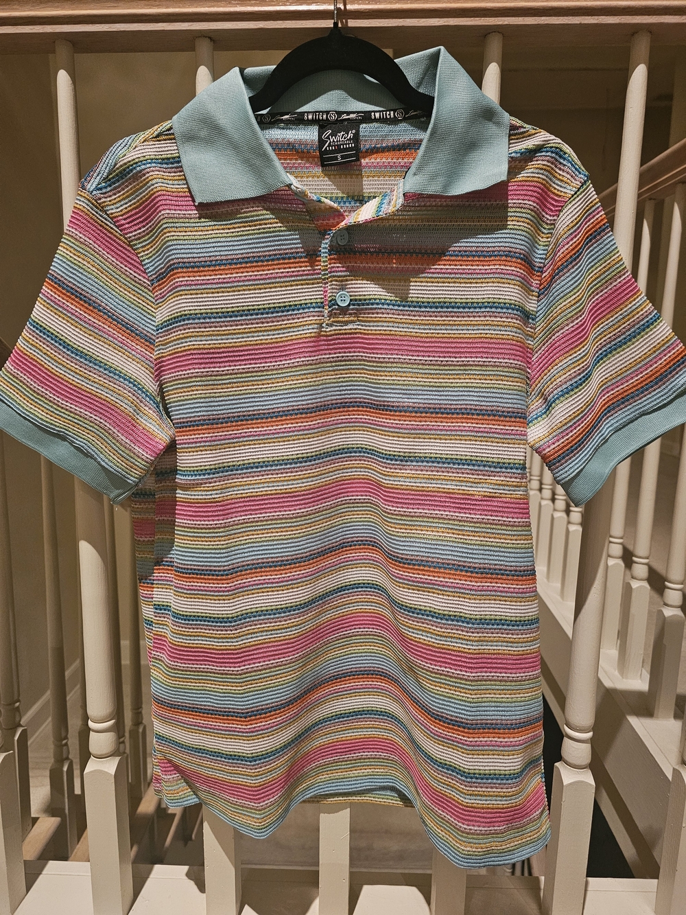 Switch Rainbow Stripe Polo with Mint Trim. Size Small (Oversized)